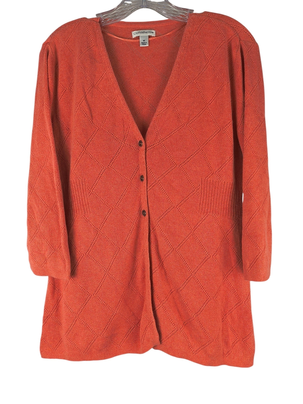 Croft & Barrow Cardigan Women's M Coral V Neck Diamond Knit Pattern Sweater